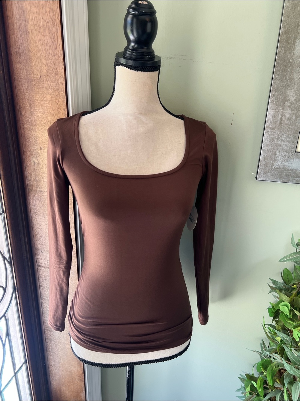 Free for all  Brown Scoop Neck Long-Sleeve Stretch Top